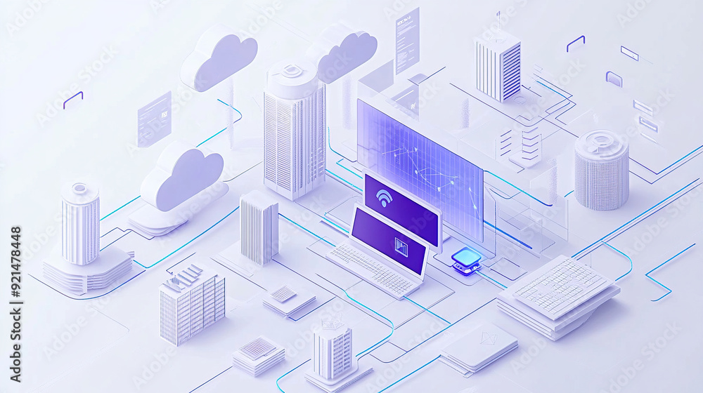 Obraz premium isometric illustration of cloud computing with computers and buildings