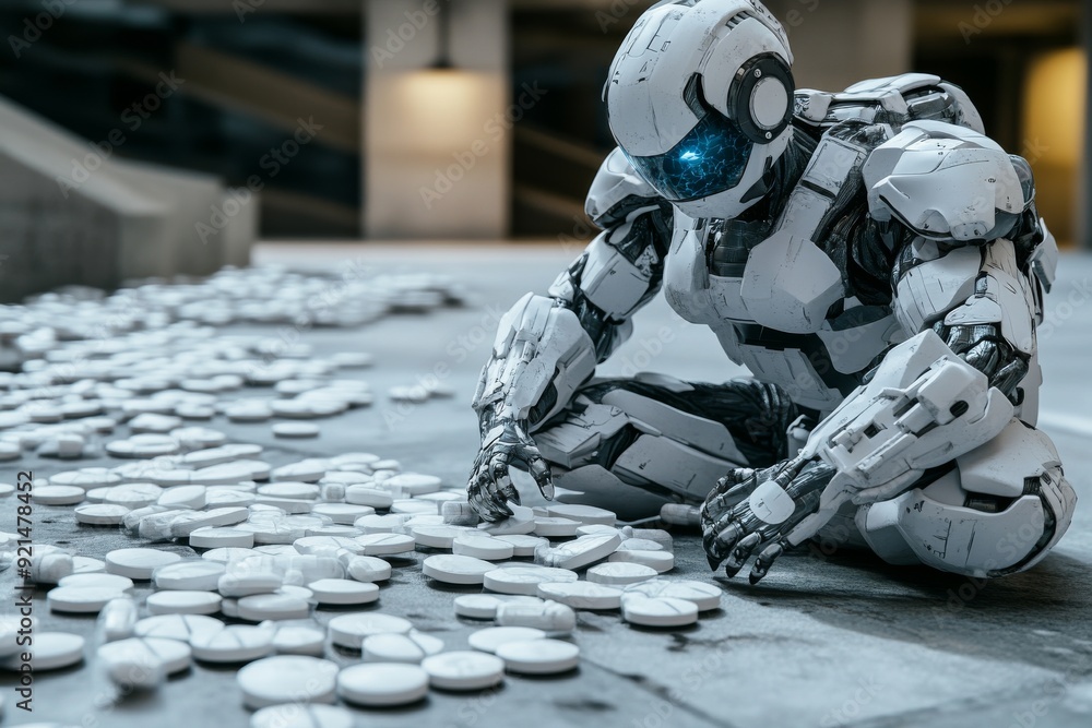 Robotic humanoid crouched on a desolate terrain exploring the limits of AI driven exploration