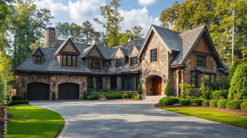 Obraz premium Stone and wood exterior of a luxury home with a paved driveway and lush green lawn.