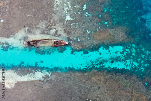 Shipwreck Australia with marine life and reef around taken by Drone