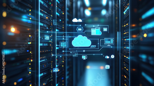 Digital illustration of cloud storage technology with icons and data connection in server room background
