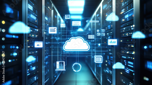 Digital illustration of cloud storage technology with icons and data connection in server room background