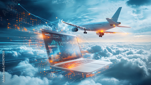 3D rendering of an airplane flying over a laptop with a digital data and cloud technology background concept