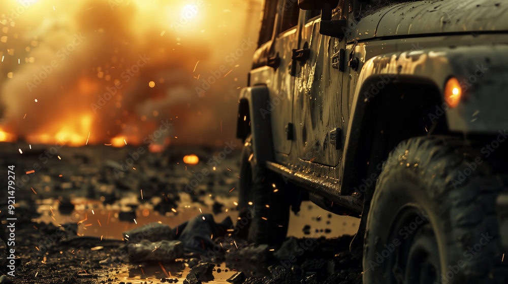 Obraz premium close-up detail of a damaged army vehicle amidst the ruins of a battlefield.