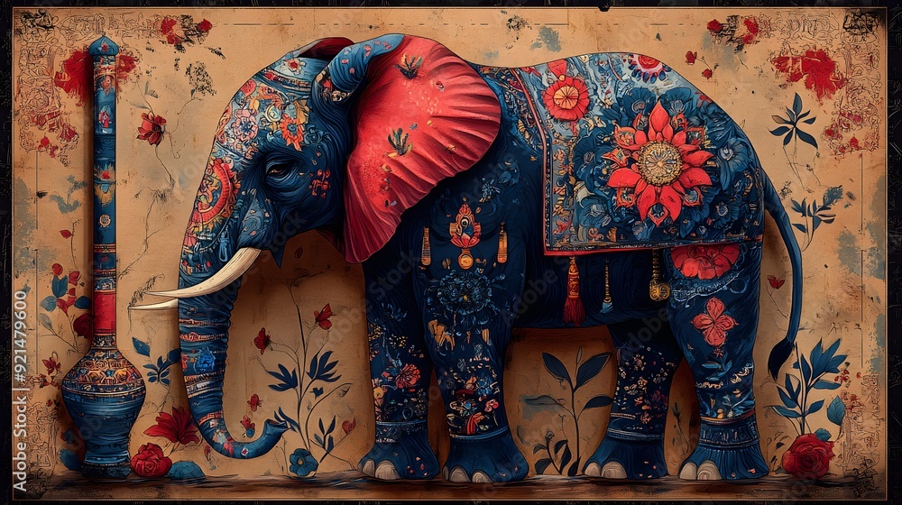 Fototapeta premium Auspicious Elephant in Classic Style: An elephant depicted with traditional artistic elements and intricate patterns, symbolizing strength and success