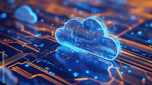 Digital technology cloud concept with glowing light particles and blue sky background