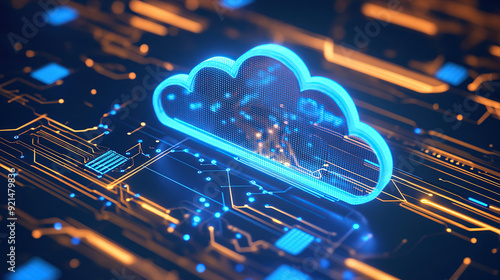 Digital technology cloud concept with glowing light particles and blue sky background