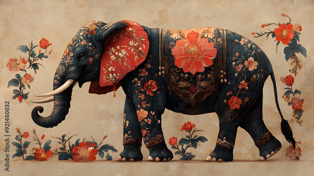 Obraz premium Auspicious Elephant with Traditional Motifs: An elephant illustrated with classic Chinese motifs, representing strength and good fortune