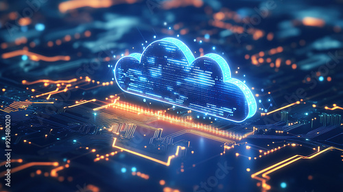 Digital technology cloud concept with glowing light particles and blue sky background