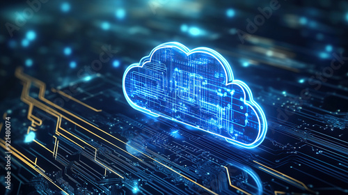 Digital technology cloud concept with glowing light particles and blue sky background