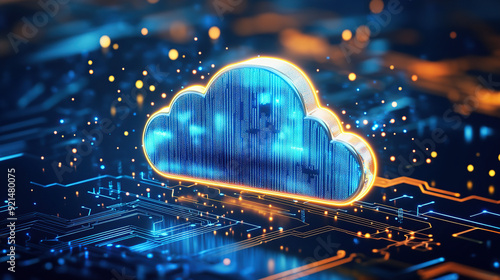 Digital technology cloud concept with glowing light particles and blue sky background