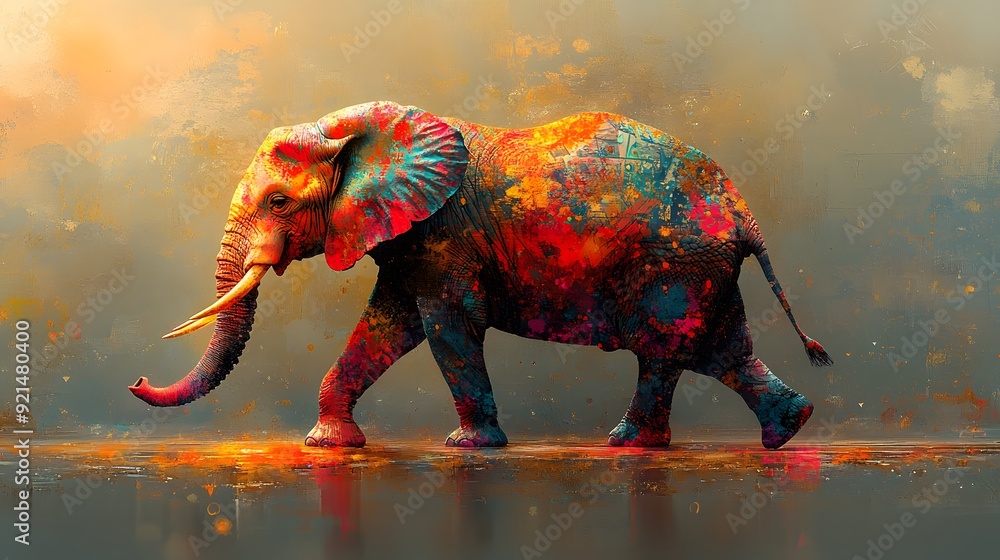 Obraz premium Elegant Auspicious Elephant with Digital Effects: An elephant with digital effects and vibrant visuals, representing contemporary strength and prosperity