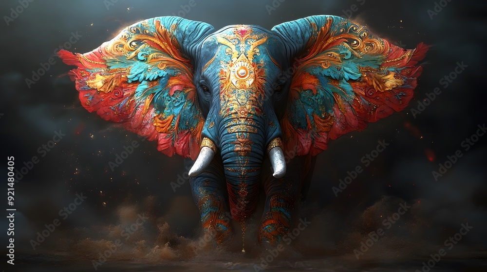 Obraz premium Elegant Auspicious Elephant with Digital Effects: An elephant with digital effects and vibrant visuals, representing contemporary strength and prosperity