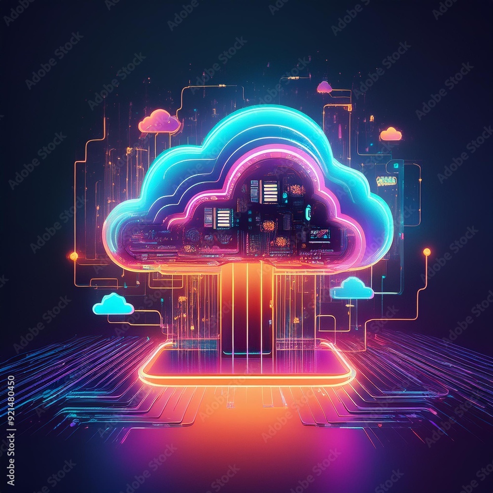 Abstract illustration of cloud computing security services in a clean and neon vibes, Generative AI Abstract illustration of cloud computing security services in a clean and neon vibes, Generative AI
