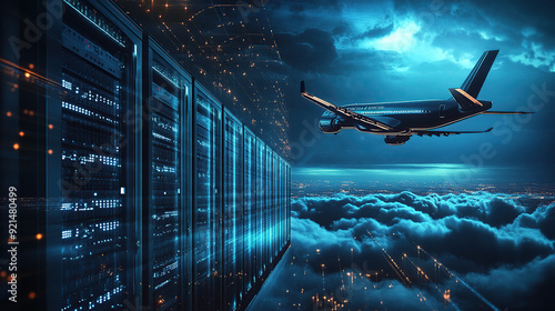 digital air flight background with airplane flying over dark blue digital clouds and computer server rack in data center