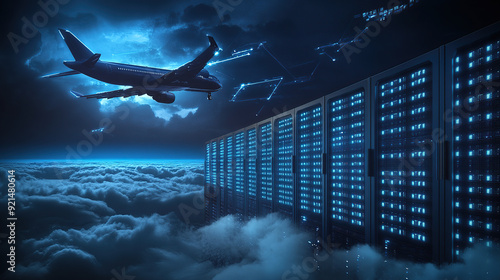 digital air flight background with airplane flying over dark blue digital clouds and computer server rack in data center
