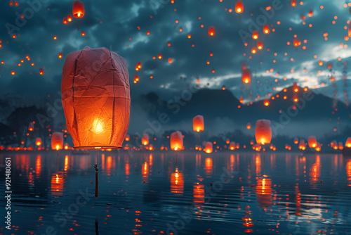 Flying lanterns in the night sky during the diwali festival india, yee peng or midautumn day in china concept