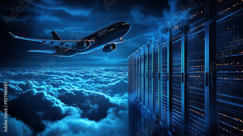 digital air flight background with airplane flying over dark blue digital clouds and computer server rack in data center