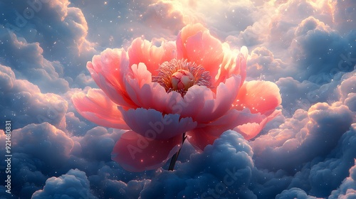 Auspicious Peony in Celestial Setting: A peony amidst celestial elements like stars and clouds, symbolizing divine blessings and beauty photo