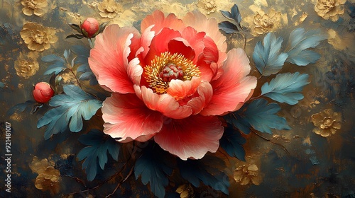 Fototapeta Naklejka Na Ścianę i Meble -  Auspicious Peony in Ancient Style: A peony depicted in traditional painting style with intricate details, representing wealth and success
