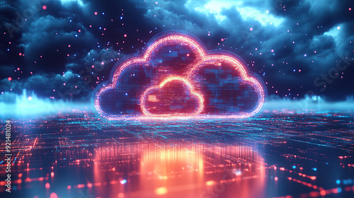 Digital technology cloud concept with glowing light particles and blue sky background