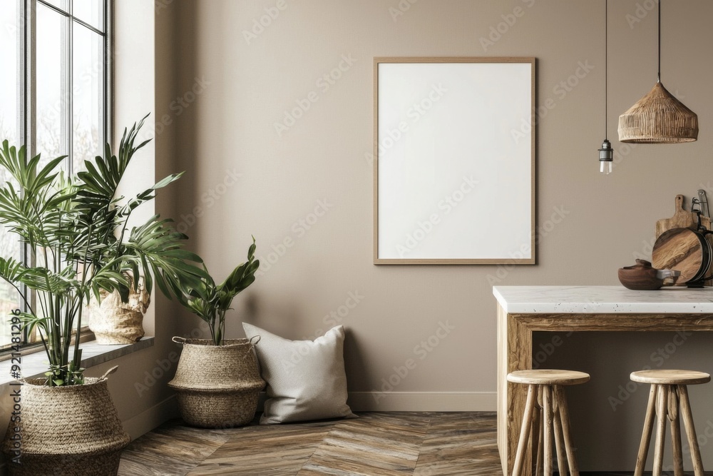 Fototapeta premium Minimalist Kitchen interior with Poster Mockup created with Generative AI