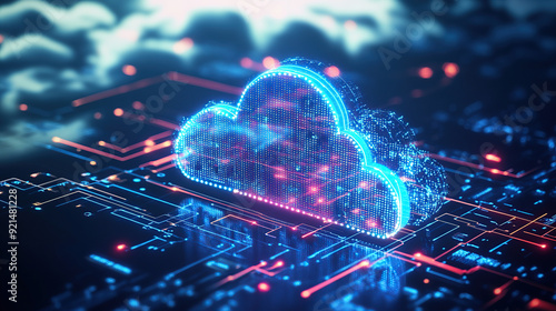 Digital technology cloud concept with glowing light particles and blue sky background