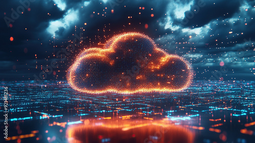 Digital technology cloud concept with glowing light particles and blue sky background