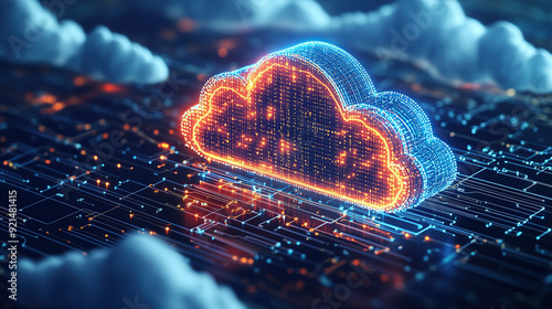 Digital technology cloud concept with glowing light particles and blue sky background