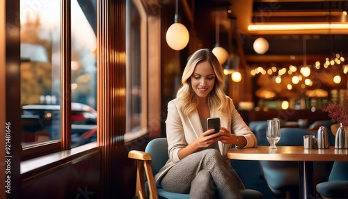 A woman is sitting in a cafe and looking at her phone