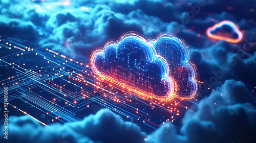 Digital technology cloud concept with glowing light particles and blue sky background