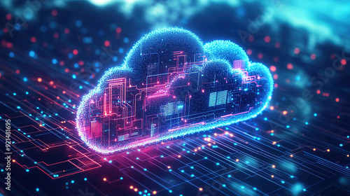 Digital technology cloud concept with glowing light particles and blue sky background
