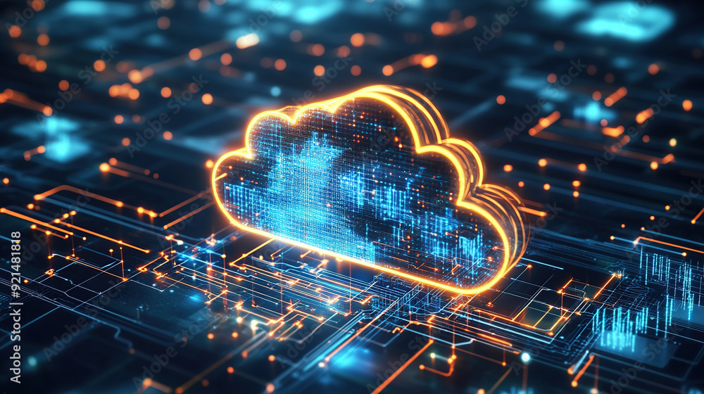 Digital technology cloud concept with glowing light particles and blue sky background Digital technology cloud concept with glowing light particles and blue sky background