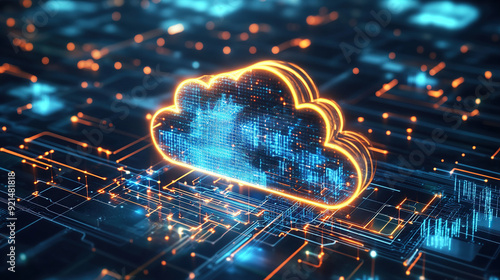 Digital technology cloud concept with glowing light particles and blue sky background