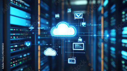 Digital illustration of cloud storage technology with icons and data connection in server room background