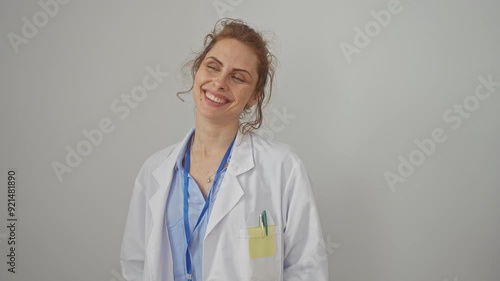 Confident, laughing young caucasian woman doctor wears coat, showcasing radiant smile while looking offside, natural expression on an isolated white background.