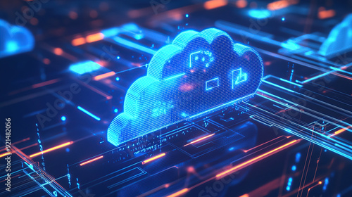 Digital technology cloud concept with glowing light particles and blue sky background