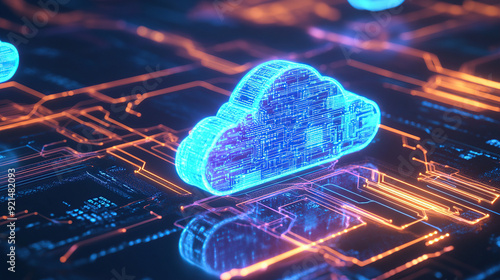 Digital technology cloud concept with glowing light particles and blue sky background