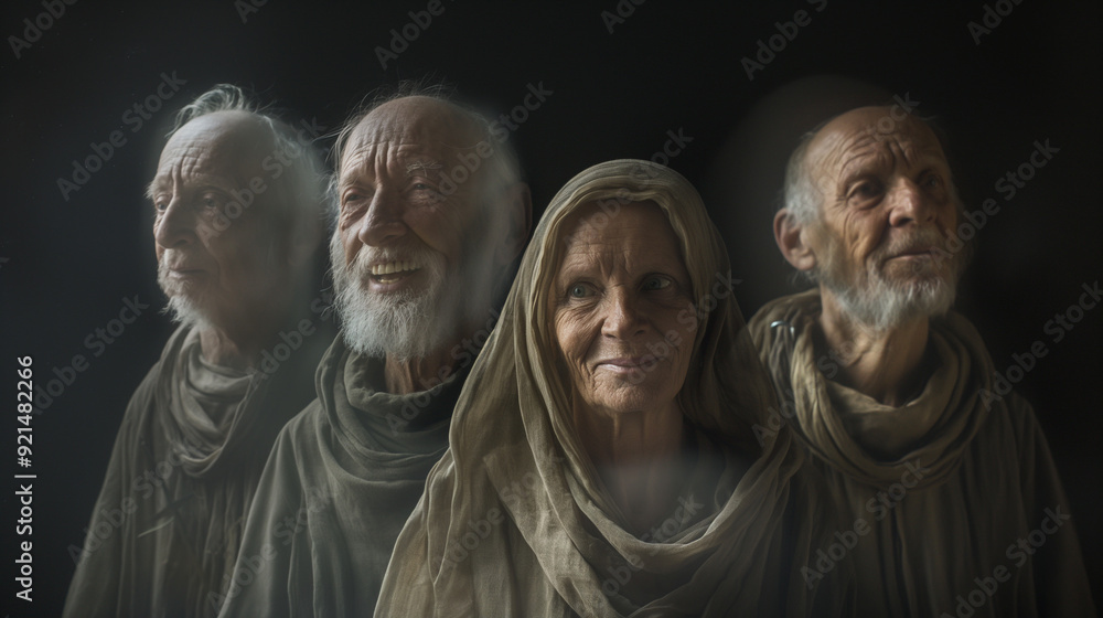 Naklejka premium Group of elderly figures in traditional religious attire, representing saints on All Saints' Day.