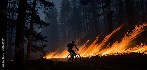 Mountain Biker with Fire Trails Silhouette of a mountain biker riding through flames that trail behind the bike. photo