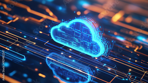 Digital technology cloud concept with glowing light particles and blue sky background