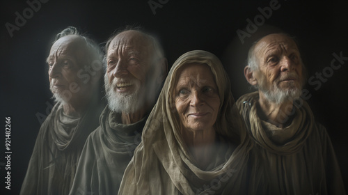 Group of elderly figures in traditional religious attire, representing saints on All Saints' Day.