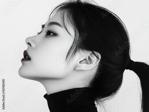 Elegant Half-Face Peek from White, Minimalist Chinese Woman with Ponytail, High Contrast Black and White Graphic Design Professional Photography