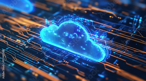 Digital technology cloud concept with glowing light particles and blue sky background