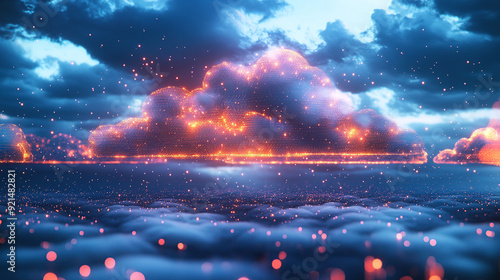 Digital technology cloud concept with glowing light particles and blue sky background