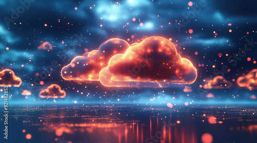 Digital technology cloud concept with glowing light particles and blue sky background