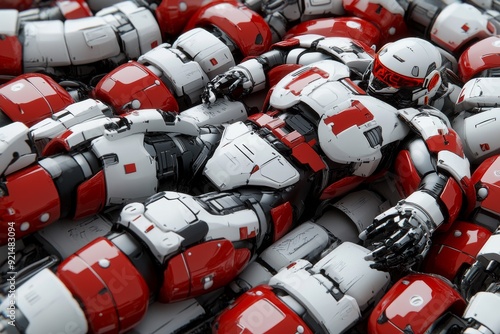 Array of red and white armored humanoid robots lying in a storage facility symbolizing mass production in robotics photo