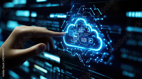Hand touching digital cloud icon on screen,