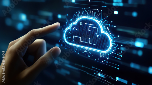 Hand touching digital cloud icon on screen,