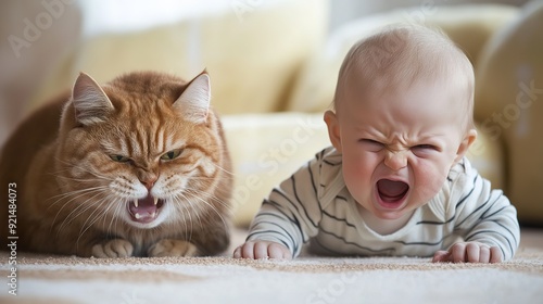 Adorable Infant Expressing Displeasure Next to a Playful Feline Companion. A Charming Display of Childhood Emotion and Feline Friendship. photo